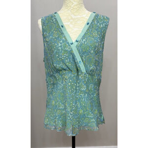 Vtg XL Blue Green‎ Floral Silk Top Cami V Neck Beaded Fairycore Whimsy Romantic